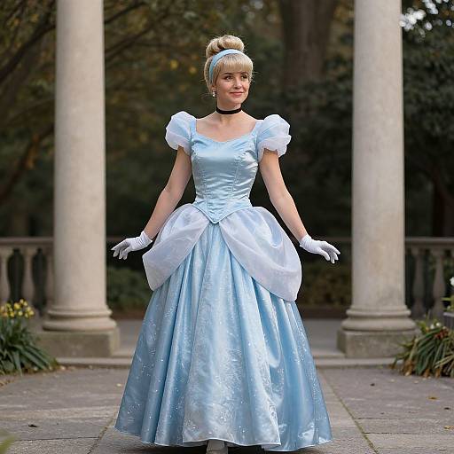 Photograph of a blonde woman in a light blue, 18th-century-style ball gown with white puffed sleeves and gloves, standing in a garden