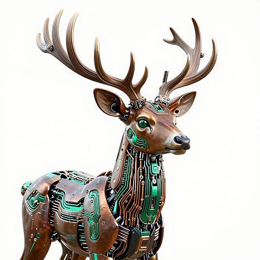 Digital art of a cyber-deer with intricate green and black circuit patterns on a metallic brown body, featuring large antlers, against a white background.