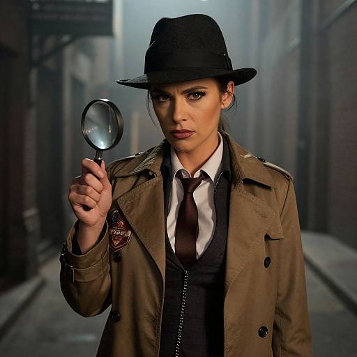 Photograph of a serious woman in a black fedora, brown trench coat, white shirt, black tie, holding a magnifying glass in a dark