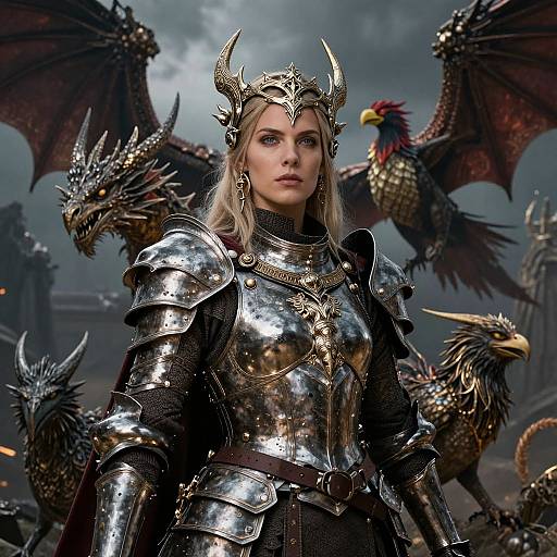 Digital art of a blonde woman in shiny silver armor, crowned with horns, standing amidst dragons with dark wings and fierce birds. Stormy sky background.