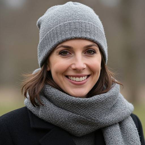 Photograph of a smiling woman with fair skin, brown eyes, and dark brown hair, wearing a gray knit beanie and matching scarf, against a