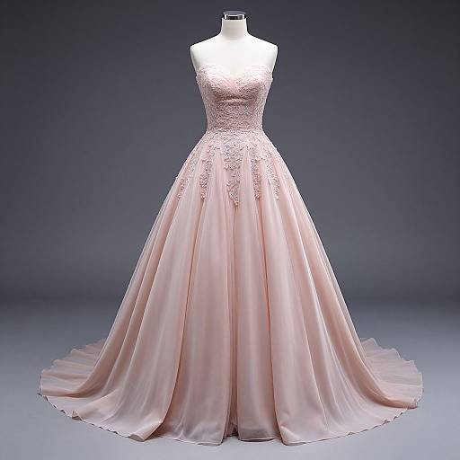 Photograph of a pale pink, sleeveless, full-length ball gown with lace bodice and flowing tulle skirt, displayed on a mannequin