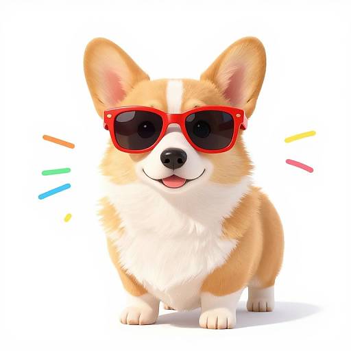 Cute digital illustration of a fluffy, tan and white corgi wearing red sunglasses, with colorful lines on either side and a cheerful expression.