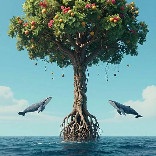 Digital artwork of a tree with colorful fruits, rooted in ocean water, with two dolphins jumping around it against a clear blue sky.