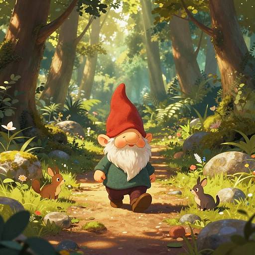 Whimsical digital painting of a cheerful gnome with red hat, white beard, green outfit, walking forest path with rabbits and butterflies.
