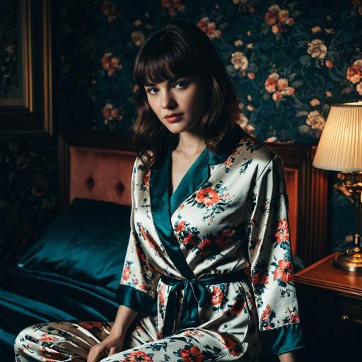Woman in Floral Silk Robe Sitting on Bed