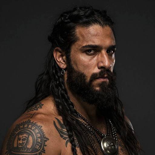 Photograph of a muscular, bearded man with long dreadlocks, dark skin, tribal tattoos, and multiple necklaces, against a black background.