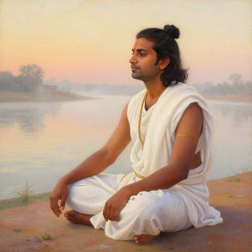 Photograph of a brown-skinned Indian man with black hair in a bun, wearing a white dhoti and gold necklace, sitting cross-legged by