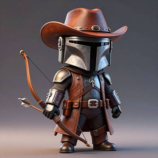 CGI chibi-style Mandalorian in cowboy attire, wearing a brown hat, leather vest, and holding a bow and arrow, against a gradient gray