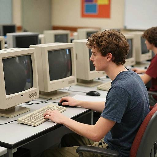 Photograph of a young man with curly brown hair, wearing a blue shirt, typing on an old beige computer in a classroom setting, surrounded by similar