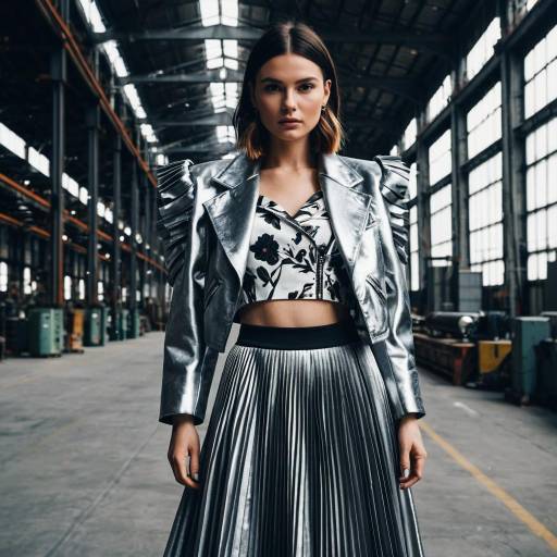 Edgy Woman in Metallic Silver Outfit in Industrial Warehouse