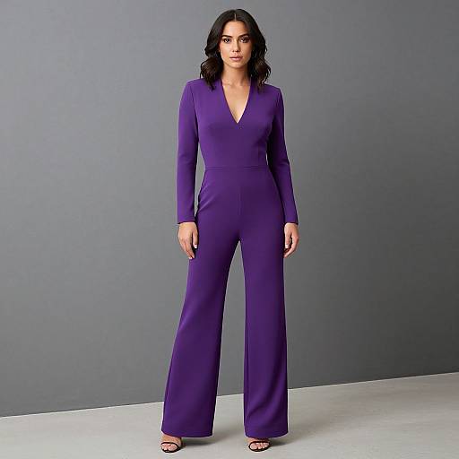 Photograph of a woman with wavy black hair, wearing a deep V-neck, long-sleeve, purple jumpsuit, standing against a gray
