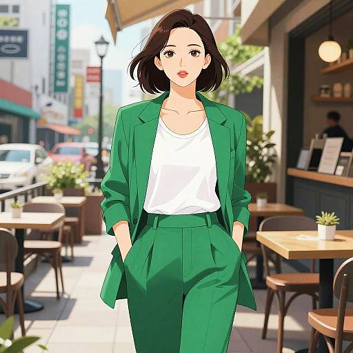 Digital anime-style drawing of a confident woman with short black hair, wearing a green blazer and matching high-waisted pants, walking down a sun