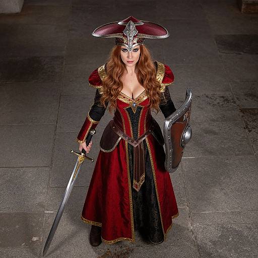 Photograph of a red-haired woman in elaborate medieval armor, holding a sword and shield, standing on a gray stone floor.