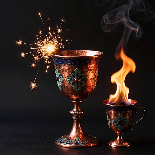 Photograph of two ornate, silver cups with blue floral patterns. One cup has a lit sparkler, and the other has a flame, both