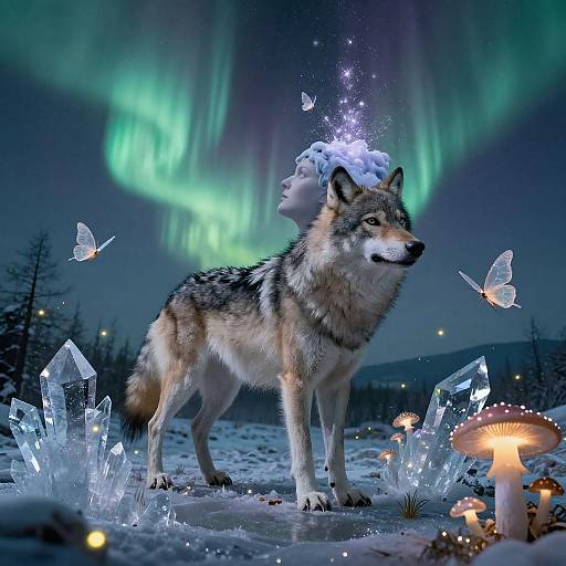 Double Exposure Wolf Aurora Dreamscape