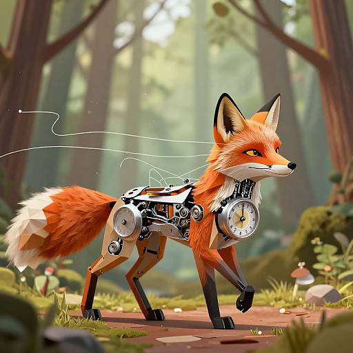 Digital art of a cybernetic fox with orange fur, mechanical limbs, and glowing components walking through a sunlit forest.