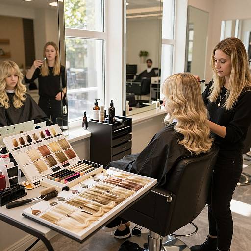 Photograph of a blonde woman with wavy hair getting a hair treatment in a modern salon, assisted by a stylist, surrounded by makeup and hair products