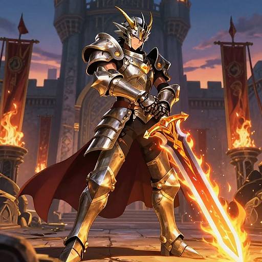 Digital fantasy art of a knight in shining silver armor with a flaming sword, standing in a castle courtyard at sunset.