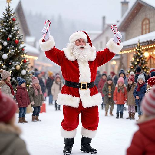 Photograph of Santa Claus in red suit with white fur trim, holding candy canes, standing in snowy town square with Christmas trees and people in winter