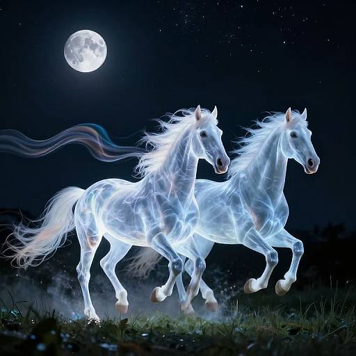 Digital illustration of two glowing white ethereal horses galloping under a full moon, with starry night sky and dark grassy field.