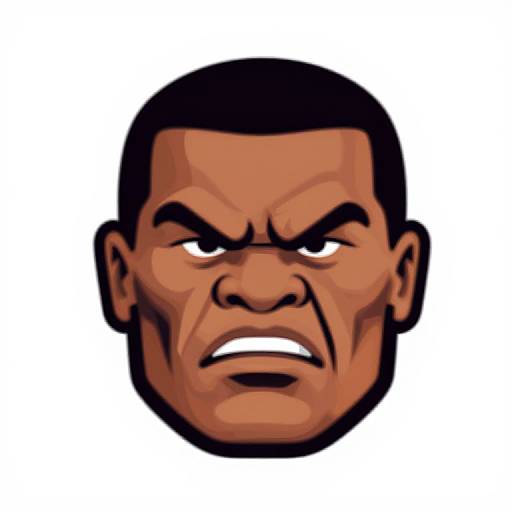Cartoon-style, digitally-drawn, angry black man's face with short black hair, furrowed brows, clenched teeth, and white teeth