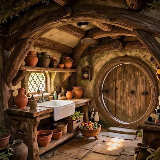 Photograph of a cozy, rustic hobbit kitchen with round wooden door, clay pots, wooden beams, sunlit sink, and fruit bowl. Warm