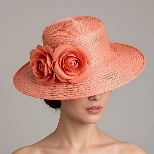 Photograph of a woman with fair skin, wearing a large, textured, coral pink sunhat adorned with two large, realistic rose blooms, against a