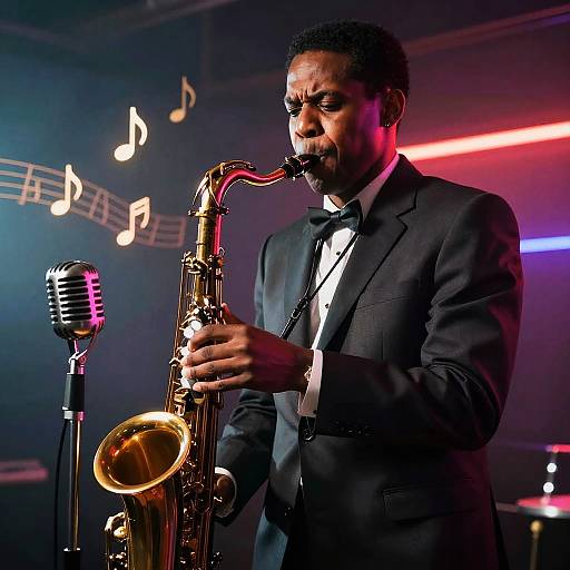 Photograph of a black male jazz musician with a beard, wearing a black tuxedo, playing a golden saxophone on stage, illuminated by purple