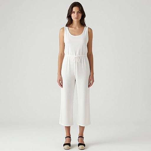 Photograph of a dark-haired woman in a sleeveless white jumpsuit with a tied waist, black high heels, standing against a plain white background.