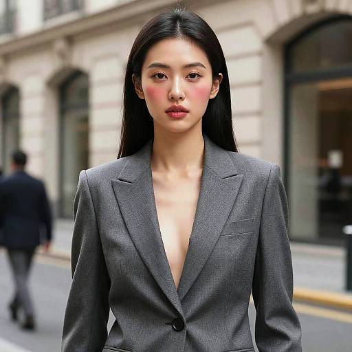 Photograph of an Asian woman with long black hair, wearing a gray blazer with a deep neckline, standing confidently on a city street, with blurred