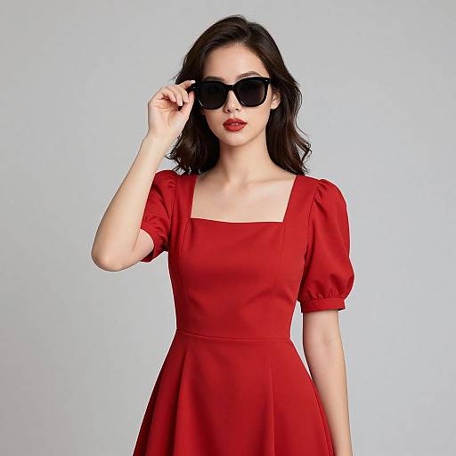 Photograph of a fair-skinned woman with wavy dark brown hair, wearing black sunglasses, a red dress with puffed sleeves, and red lipstick