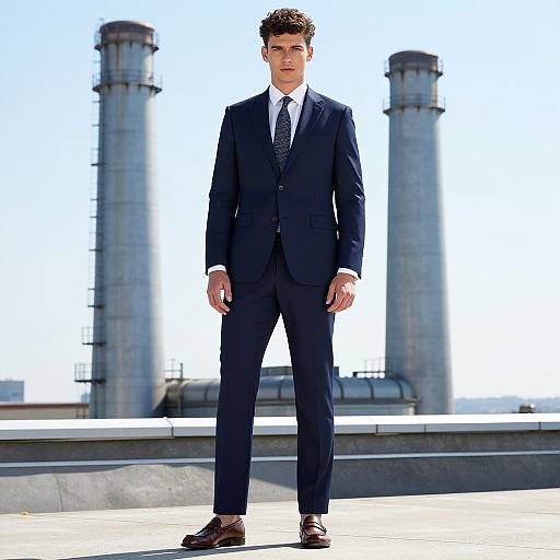 Photograph of a tall, handsome man with dark curly hair, wearing a navy suit, white shirt, and patterned tie, standing confidently in front