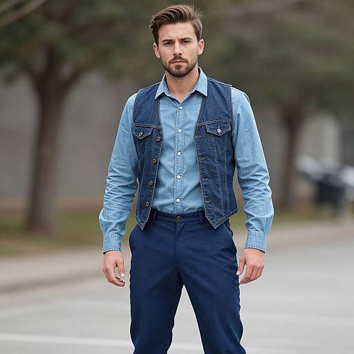 Photograph of a handsome, bearded man with light brown hair, wearing a light blue shirt, dark denim vest, and navy pants, standing on
