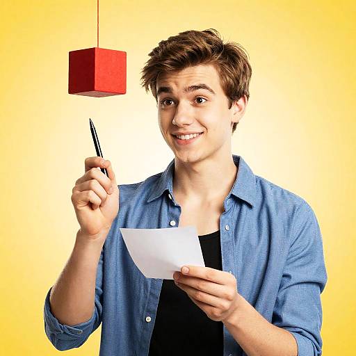 Young Man Holding Pen and Note with Red Cube