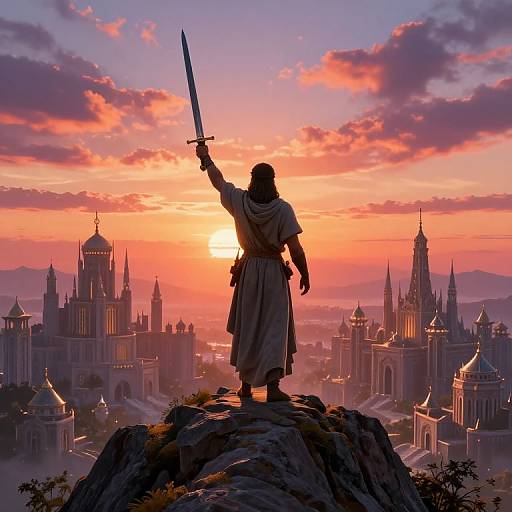 Silhouetted warrior with raised sword stands on rocky outcrop, overlooking a radiant sunset over a sprawling, majestic fantasy cityscape.