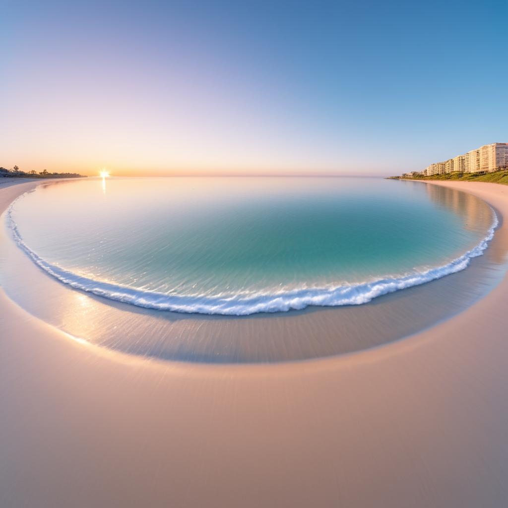 Serene Beach Sunrise with Fish-Eye Lens