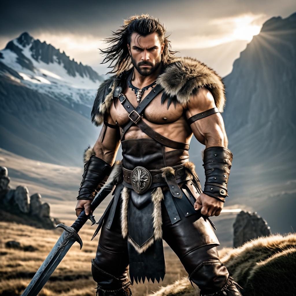 Fierce Barbarian in Rocky Mountain Scene