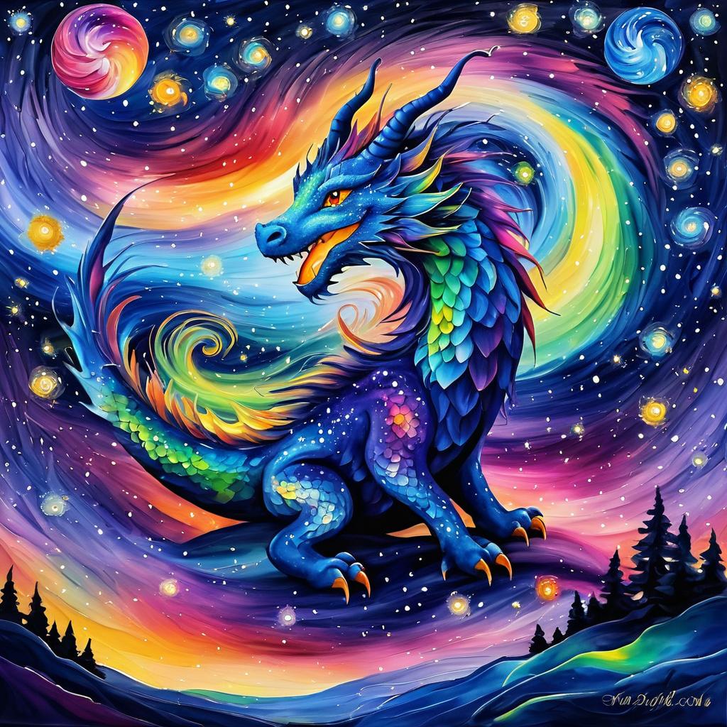 Dragon Under Colorful Starry Night Sky