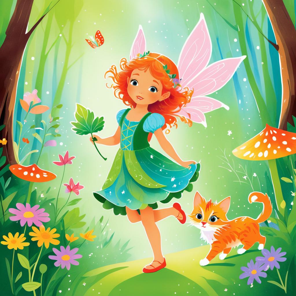 Playful Fairy and Kitten in Colorful Forest