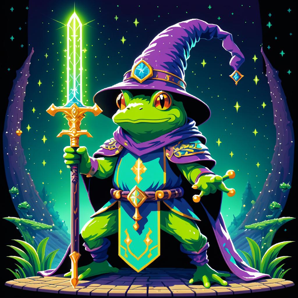 Pixel Art Frog Wizard with Holy Sword