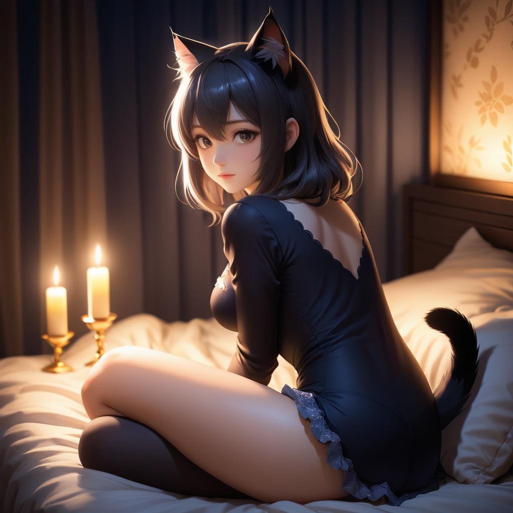 Mischievous Catgirl in Candlelight