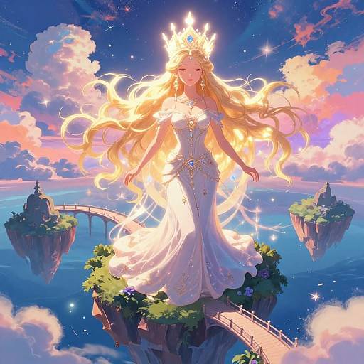 Digital anime-style illustration of a radiant, blonde queen with a golden crown, white gown, and glowing aura, standing on a floating island bridge, surrounded