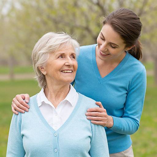 Photograph of a smiling elderly woman with white hair, wearing a light blue cardigan, being affectionately touched on the shoulder by a younger woman with