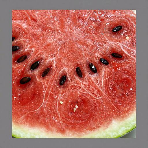 Close-up photograph of a watermelon slice, showcasing vibrant red flesh, black seeds, and white, fibrous interior texture. Framed in a gray