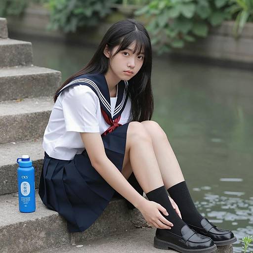 Serene Asian Schoolgirl by River Steps