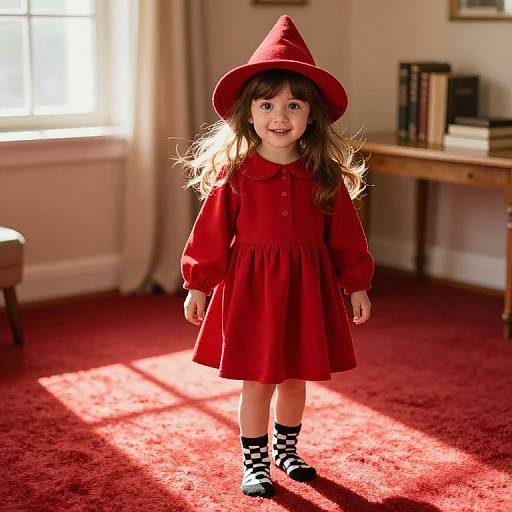 Young Girl in Red Dress with Sunlight