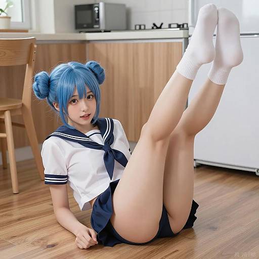 Blue-Haired Anime Girl in Kitchen