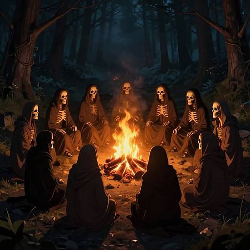 Digital illustration of nine skeletal figures in hooded robes sitting around a glowing campfire in a dark, eerie forest.