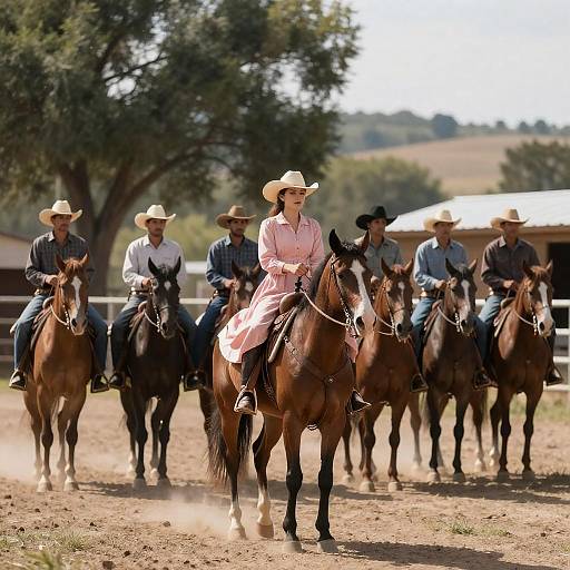Woman Leading Group of Cowboys on Horses
